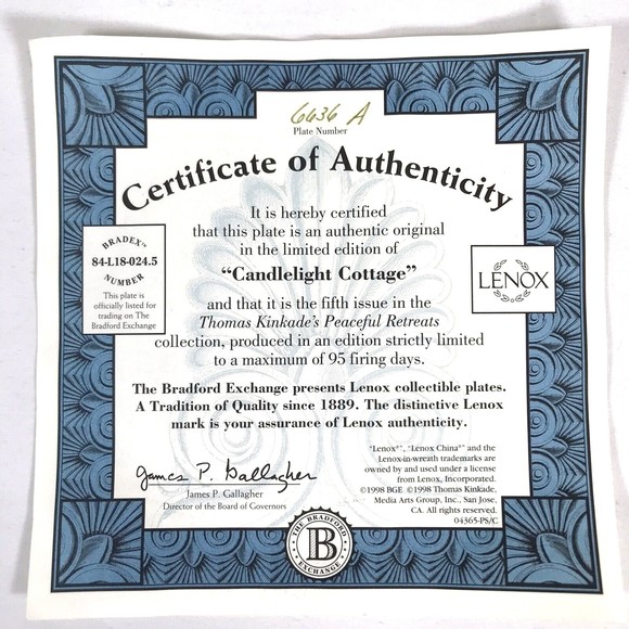 Thomas Kinkade Plate Candlelight Cottage Bradford Exchange Lenox W/ Certificate - Picture 2 of 4